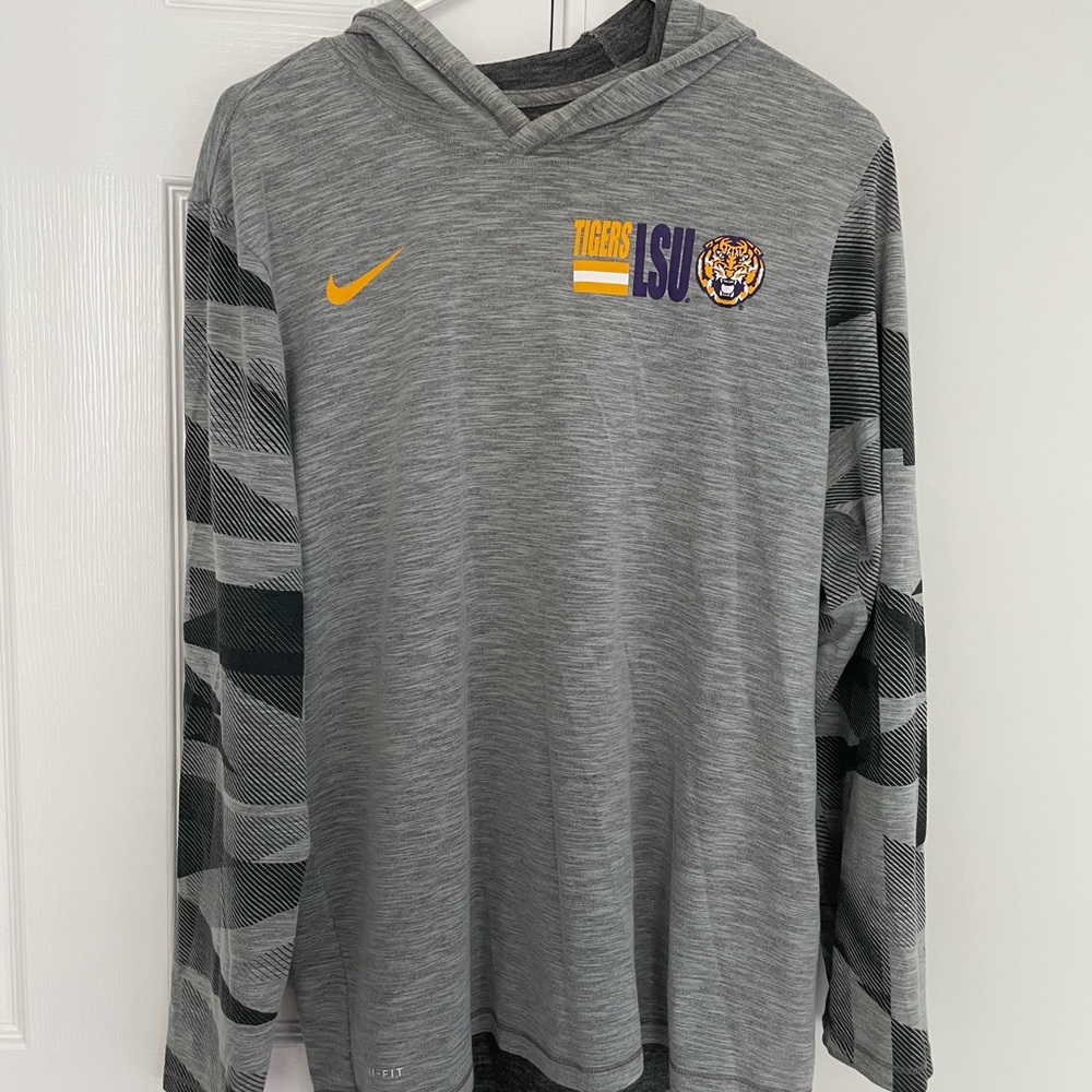 LSU Tigers Nike Gray Hooded Long Sleeve Shirt with Patterned Sleeves